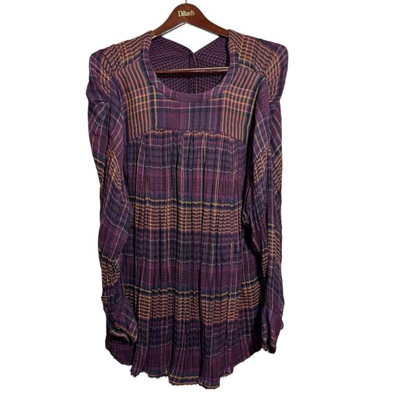 Free People Come On Over Plaid Tunic Button Pleated Hi Lo Fray Purple Gold Sz XS - Picture 2 of 9
